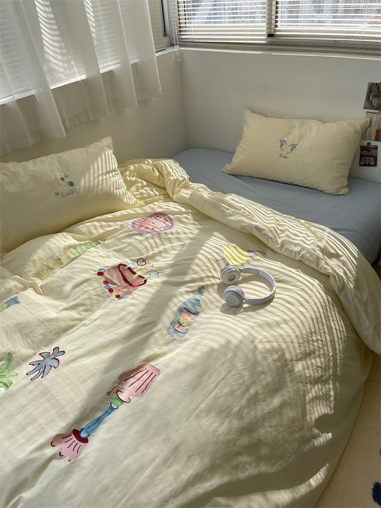 Стираный хлопок с вышивкой «девчачье сердце» из чистого хлопка, комплект из четырех предметов из стираного хлопка, простыня из чистого хлопка, пододеяльник