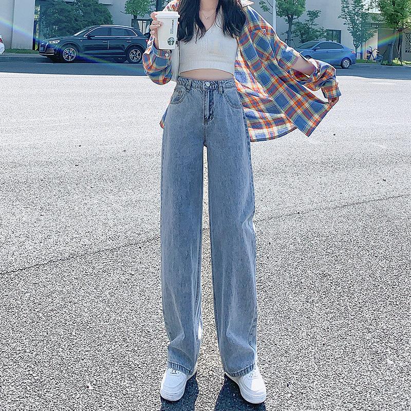 Женские черные джинсы широкого кроя в корейском стиле с высокой талией на весну/осень