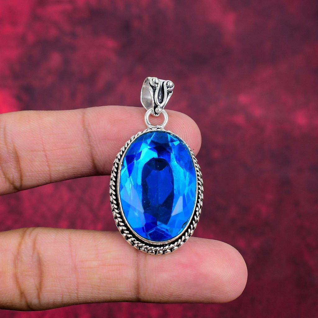 Подвеска с голубым топазом, ювелирные изделия из цельного серебра 925 пробы с драгоценными камнями, подвеска ручной работы, на День благодарения