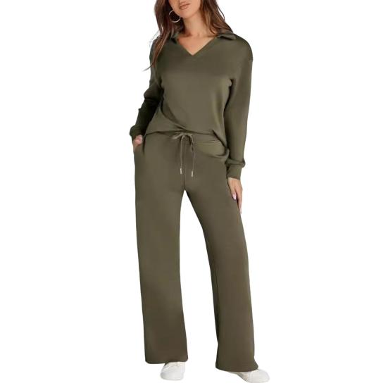2 Pcs/Set Women Top Pants Suit V Neck Long Sleeves Solid Color Sport Sweatshirt Drawstring Elastic Waist Wide Leg Trousers Fitness Outfit Fall Spring