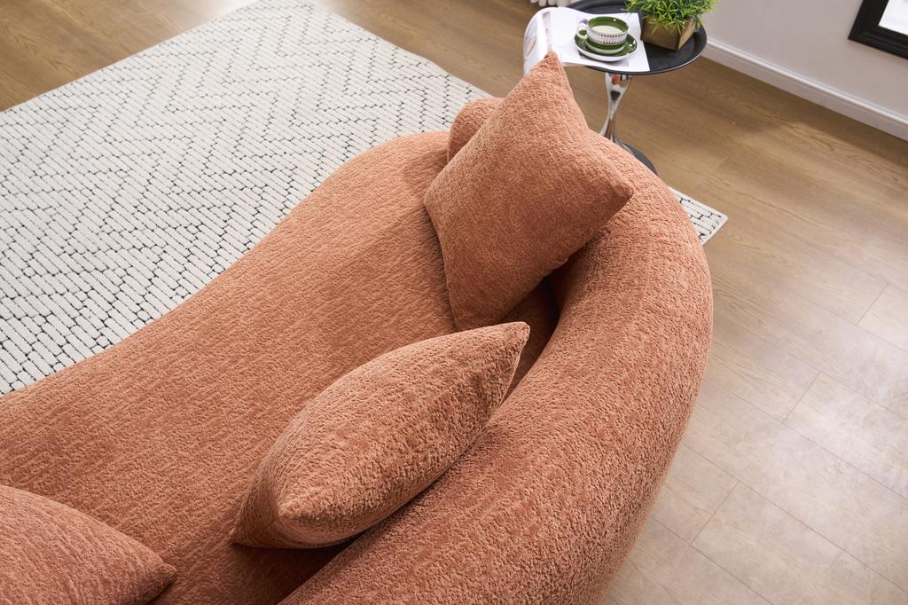 Modular, curved two-seater sofa, contemporary style, including three decorative cushions, ideal for small apartments, no assembly required, coral pink