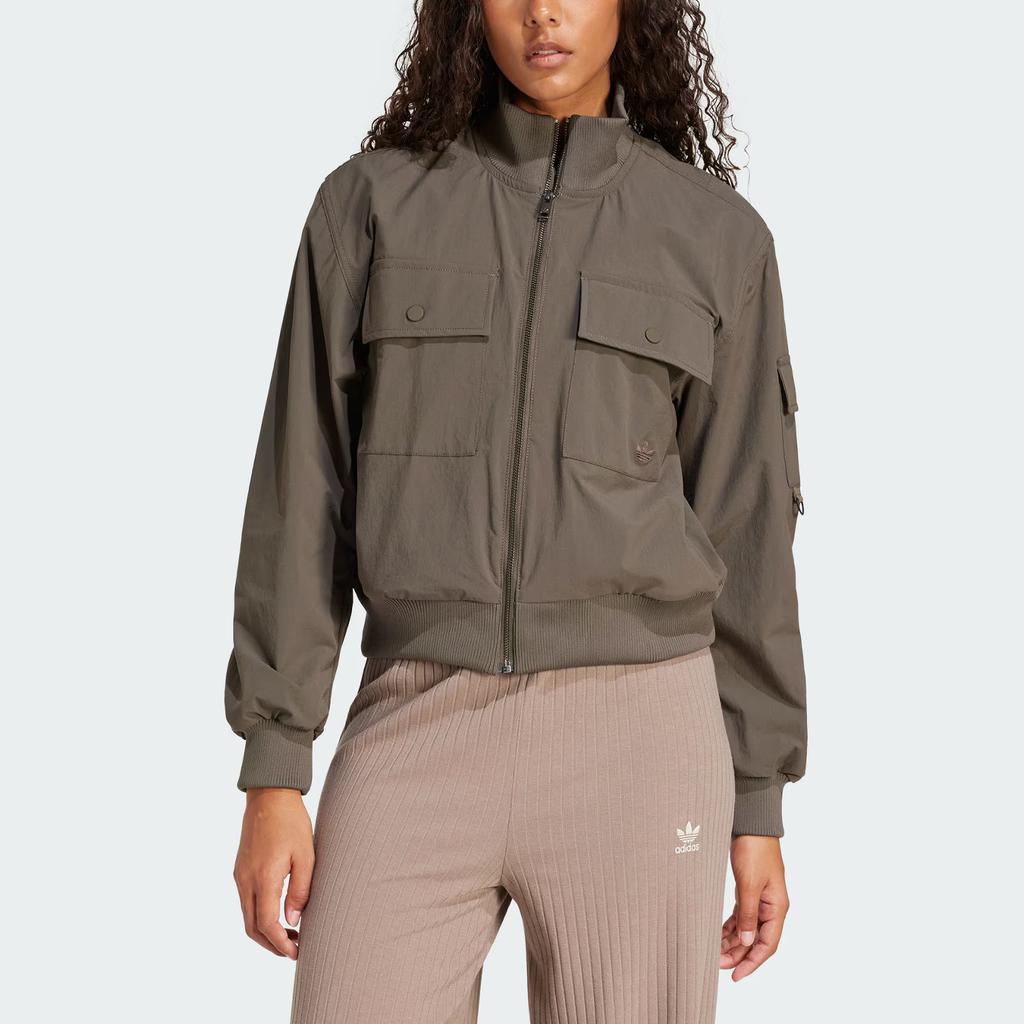 Adidas Originals P Ess Logo Stand Collar Zip Sports Pilot Jacket Women Jacket Dark-Olive-Green JD4791