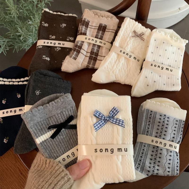 Female Autumn Fashion New Style Bow In The Tube Pile Pile Cotton Socks