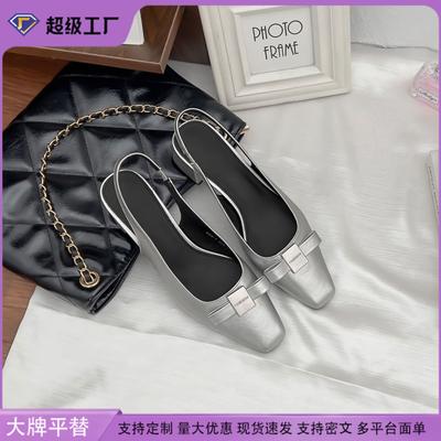 Весна и лето новый 2025 французский квадратный носок бант пустые одинарные туфли высокий каблук верхняя одежда толстый каблук темперамент сандалии женщины