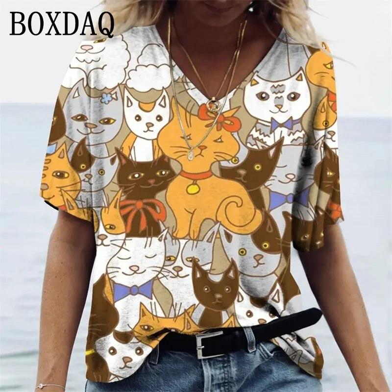 Женские футболки с принтом котов и героями мультфильмов, рубашки большого размера с v-образным вырезом для девочек, повседневные топы Kawaii, летние уличные женские футболки с короткими рукавами