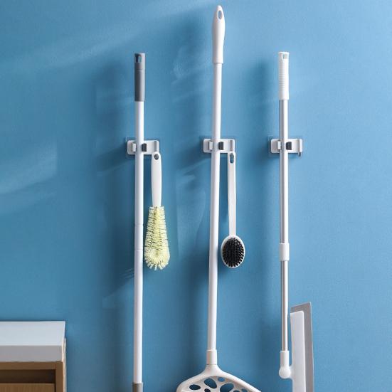 Mop Holder Space-Saving Self-adhesive Broom Stand Wall-Mounted Mop Clip with Hook for Bathroom Kitchen