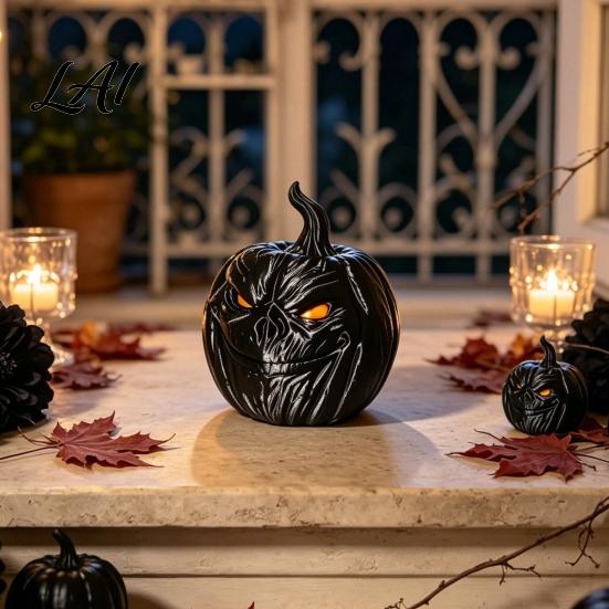 Personalized Halloween Gifts Evil Pumpkin Figurine 3D Printed Black Versatile Fireplace Decorations Ornament Creepy Table Centerpiece for