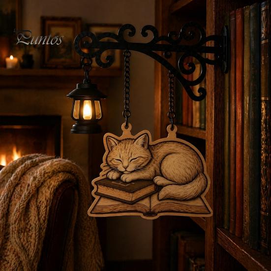 Ретро-светильник для книжной полки, винтажный, с дизайном кошки, спящей на книге, фонарь, деревенский металлический настенный светильник для чтения, декоративный светодиодный для кабинета, библиотеки