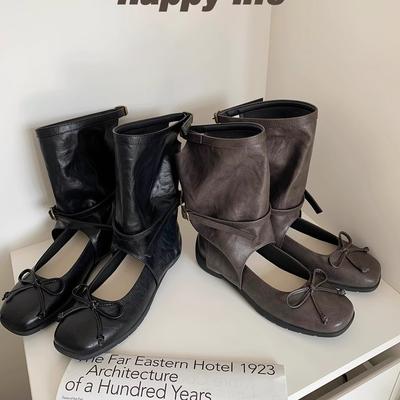 Мать-виноград имеет тот же модный квадратный круглый носок с бантом, Мэри Джейн средней высоты с неглубоким вырезом, темпераментные повседневные универсальные крутые ботинки для женщин