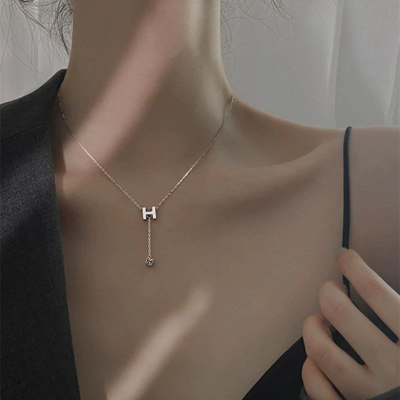 FY-0190 925 Sterling Silver H Letter Tassel Necklace for Women Versatile Trendy Niche Design Collarbone Chain