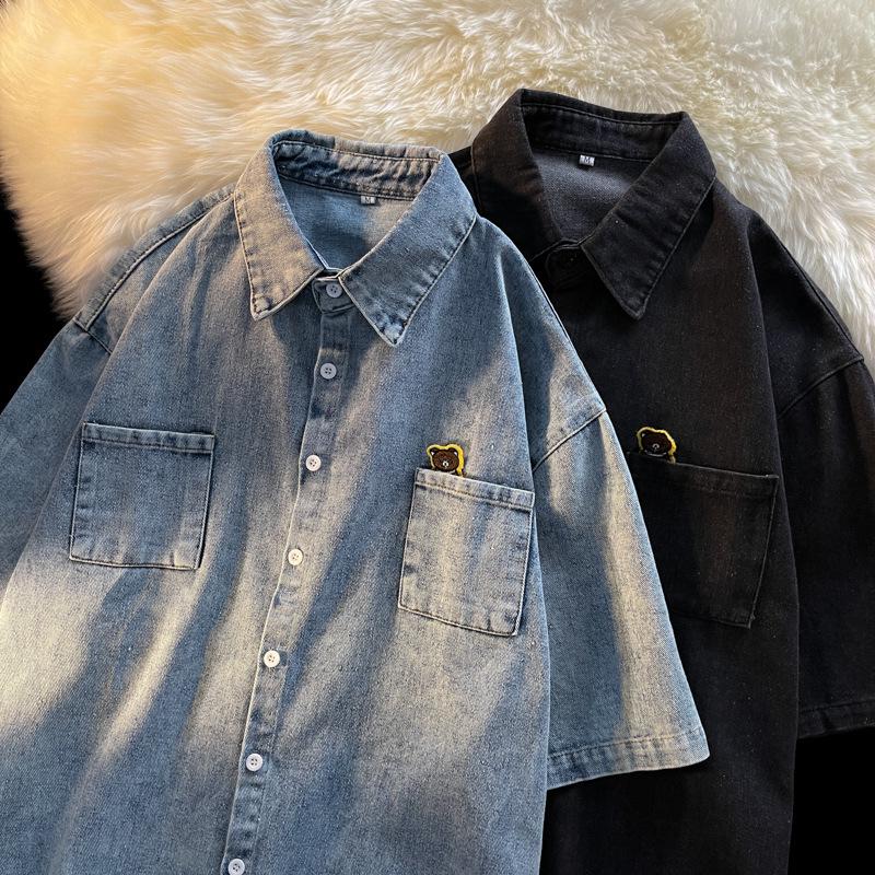 Мужская рубашка из денима в стиле ретро с коротким рукавом — стиль Гонконга и Кореи, свободный крой, модная летняя куртка с коротким рукавом