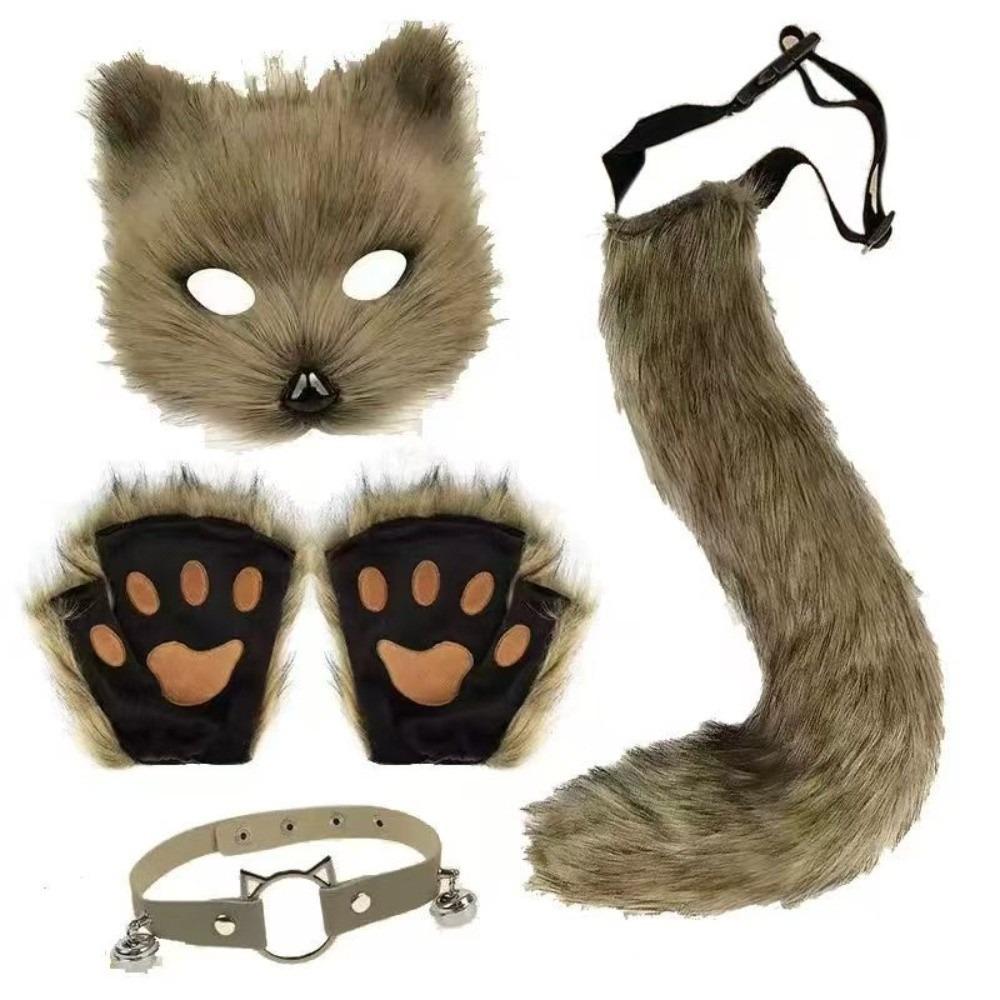 Funny Animal Costume Set Polyester Tail Mask Paw Gloves Full Set Plush Cosplay Mask Masquerade