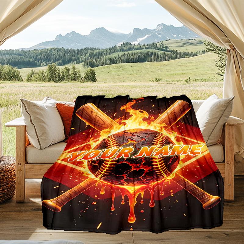 1PC Custom Name "Fiery Baseball Emblem" outdooor Flannel blankets Throw Blanket All-Season Throw Gift Bedspread for Couch, Bed, Camping Holiday Birthd