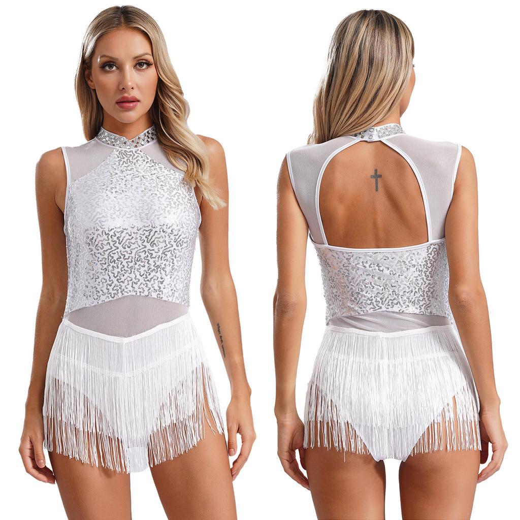 Женский костюм для латиноамериканских джазовых танцев с блестками, платье без рукавов с вырезом сзади, струящееся платье с кисточками, трико, балетная танцевальная одежда