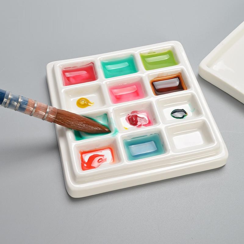 12 Grid Ceramic Color Palette With Cover White Watercolor Mixing Palette Tray Painting Color Pallet Pigment Mixing Plates Artist