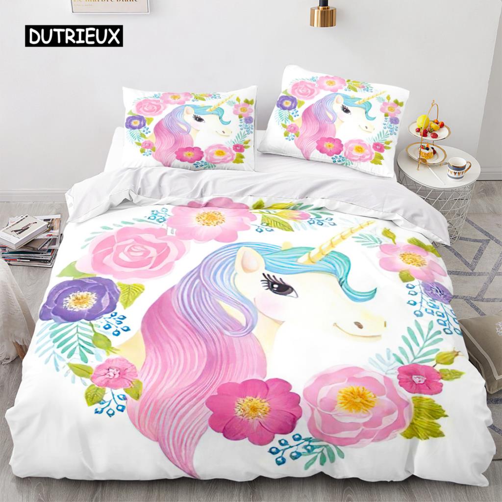 Unicorn Duvet Cover King Queen Cute White Cartoon Animal Bedding Set Children Boys Girl Western Fairy Tale Polyester Quilt Cover