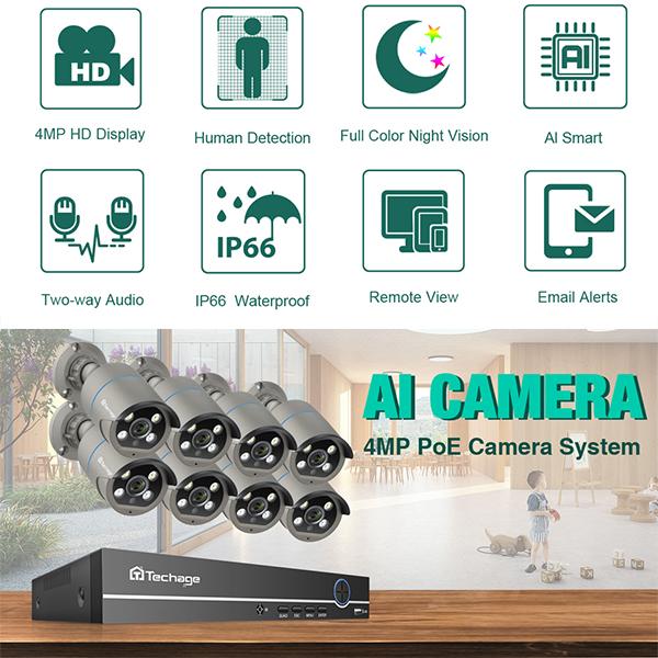 Techage 8CH HD 4MP POE NVR комплект системы видеонаблюдения H.265 цветная ночная уличная аудиозапись IP-камера P2P комплект видеонаблюдения