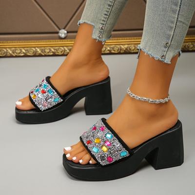 Кристалл Роскошь Женские Туфли на Высоком Каблуке Шлепанцы Массивные Босоножки для Платья Обувь Женская Летняя Обувь Шлепанцы Мода Пляжные Туфли-Лодочки Слайды Женские