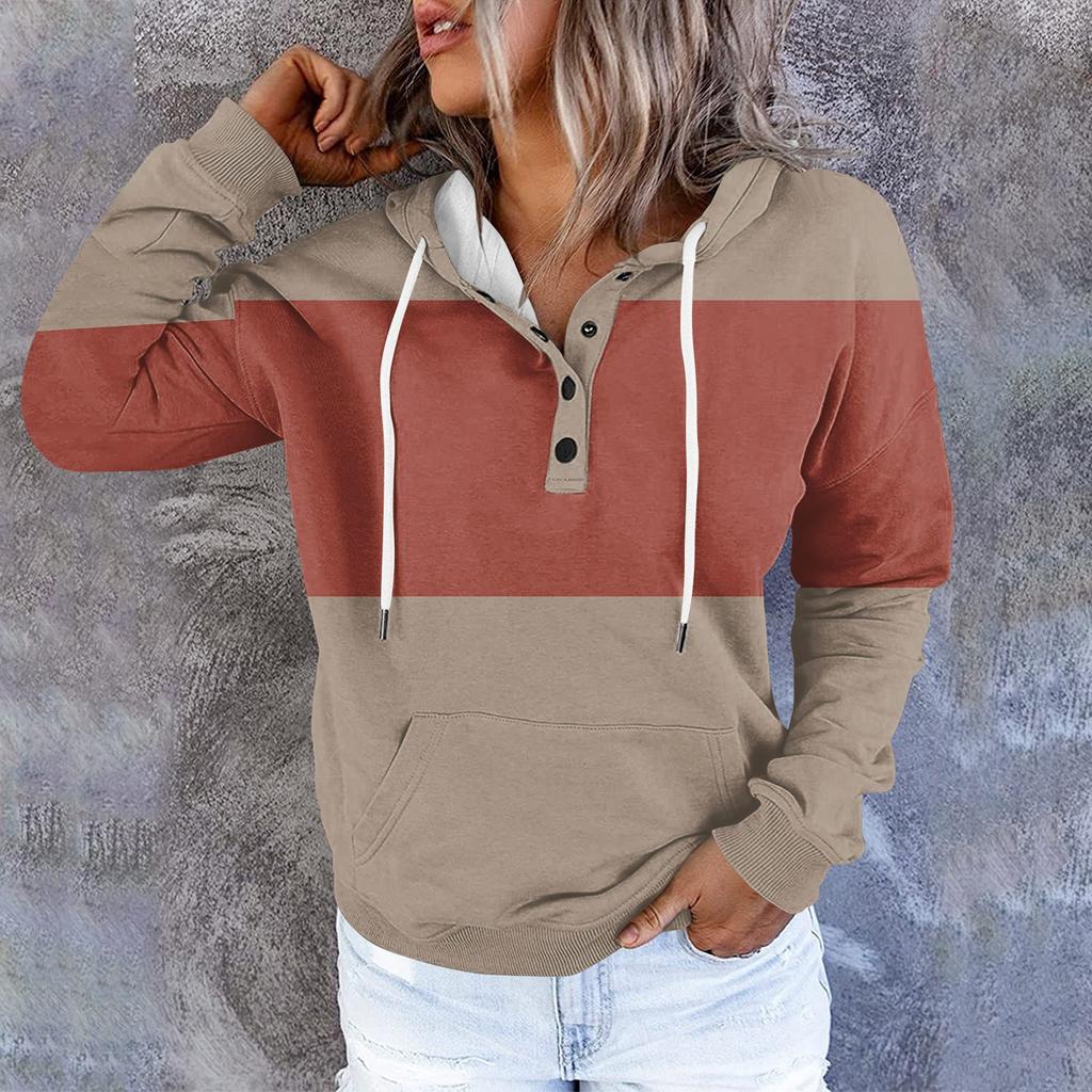 Womens Hooded Button Collar Drawstring Hoodies Pullover Sweatshirts Casual Long Sleeve Tops Shirts