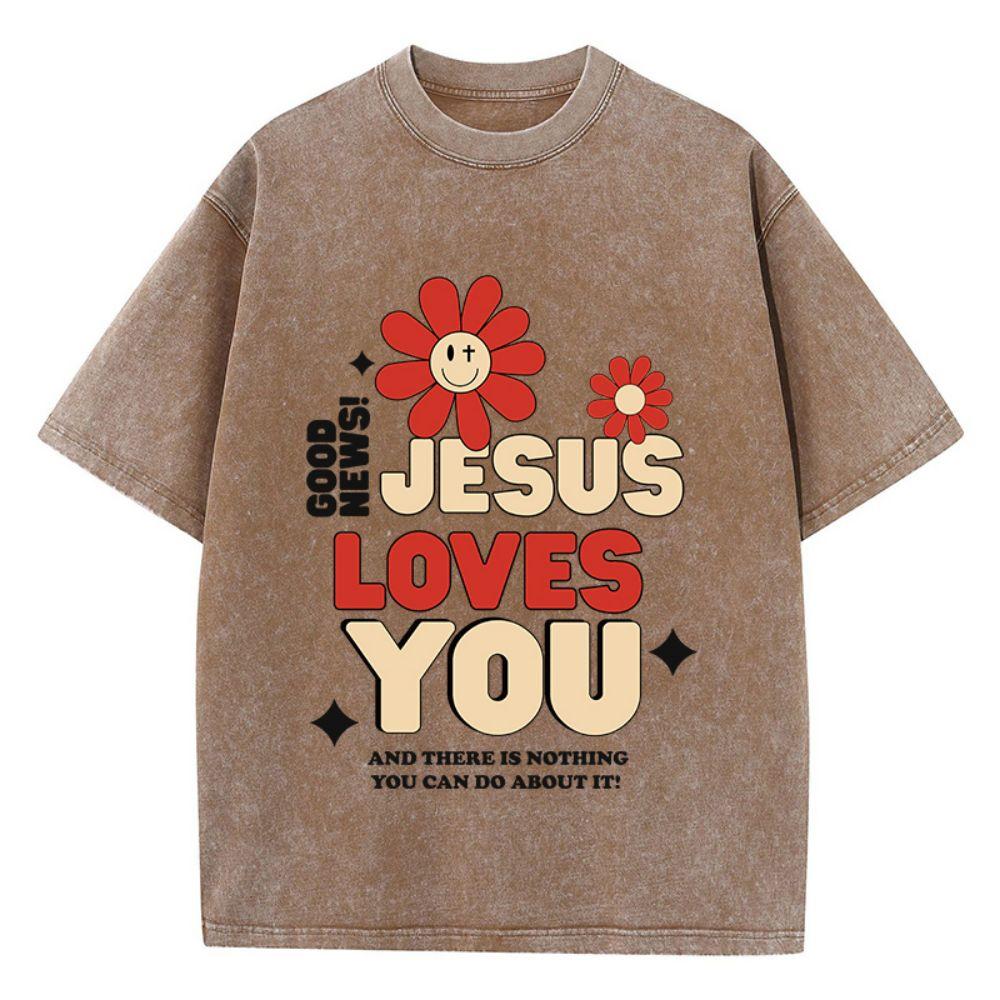 Woman Cotton Washed T-Shirts Good News Jesus Loves You Letter Graphic Print Short Sleeve Loose O-Neck Tops Summer Female Clothes