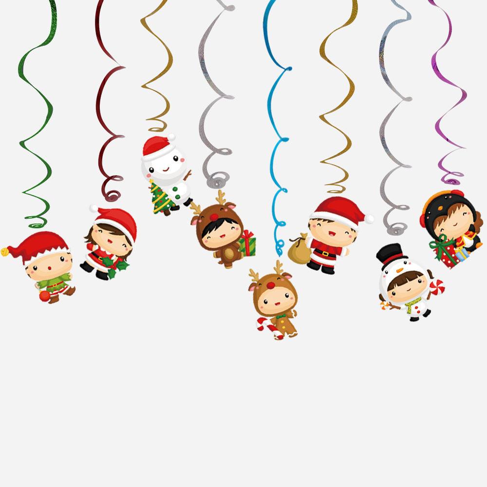 Яркий праздничный декор со спиральными стримерами и треугольными флажками, идеально подходящий для рождественских торжеств