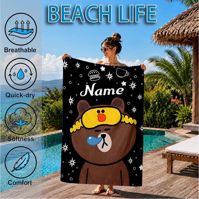 Custom Name Cute Cartoon Brown Bear Beach Towel Microfiber Beach Towel, Lightweight and Quick-Dry, for Summer Travel, Swimming Pool Gift