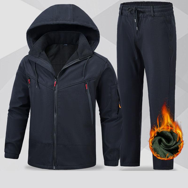 Autumn and winter velvet jacket set waterproof and windproof soft shell men's and women's same cotton clothes outdoor thick