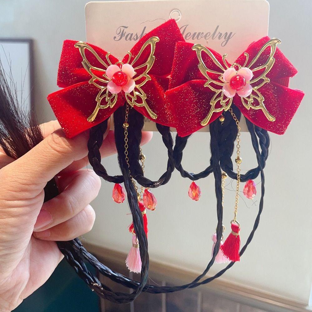 2 шт. Кисточка Детская заколка для волос Китайский стиль Парик Коса Заколка Сладкий Красный Бант Заколка для волос