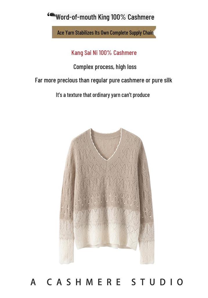100% Pure Cashmere V-Neck Women's Sweater: Autumn/Winter, Thin, Hollow Knit, Color Block, Loose Fit Top