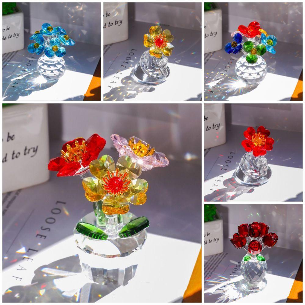 Handcraft Crystal Flower Statue Clear Base Ornament Artificial Flower Figurine Rose Tulip Gift Mini Glass Flower Sculpture