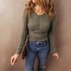 Women's Fashionable Solid Color Long Sleeved Button Casual Base Shirt Pullover T-shirt Top