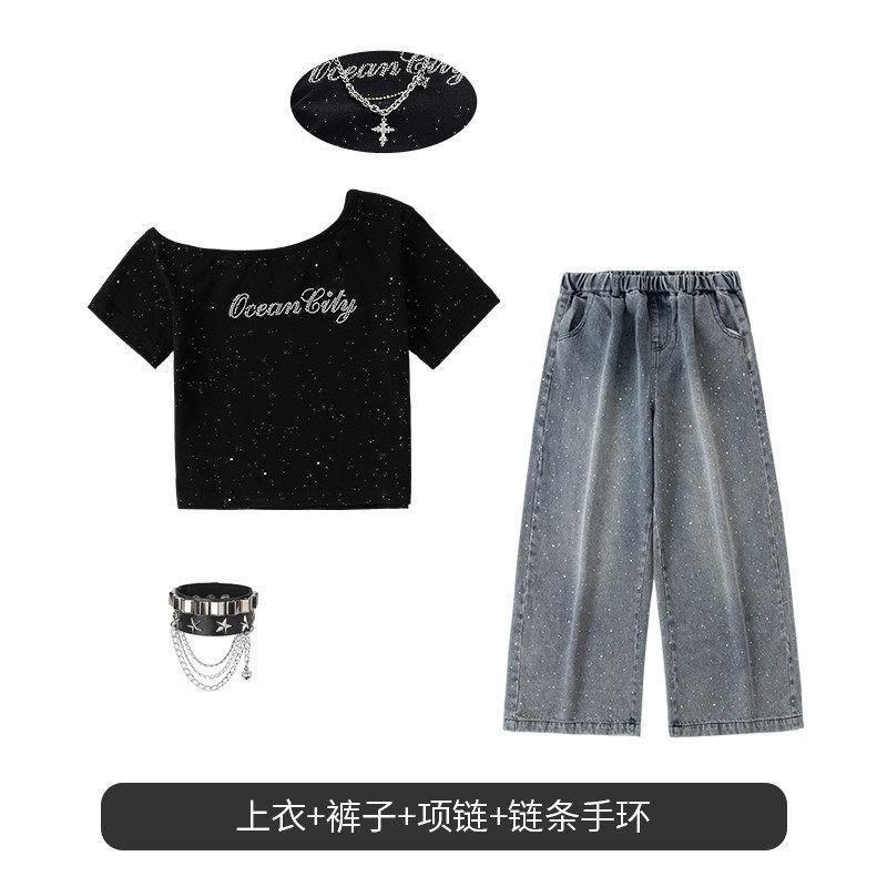 Girls Hip Hop Jazz Dance Outfit Set Short Sleeve Top Rhinestone Denim Pants Stage Performance