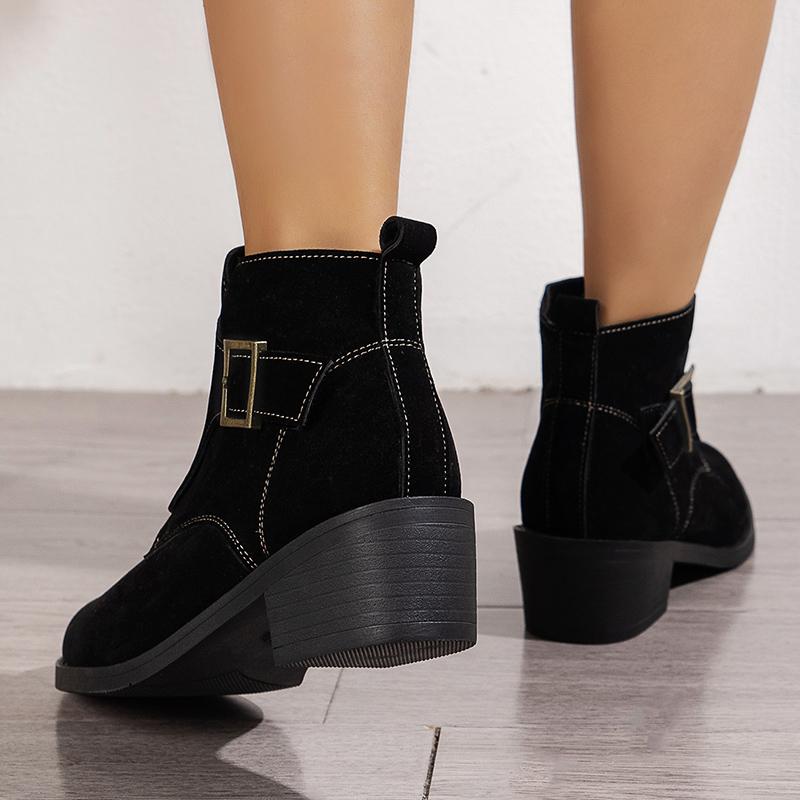 Модные коричневые ботильоны с металлической пряжкой в британском стиле для женщин, однотонные полусапожки из искусственной замши на толстом каблуке, женские, осень-зима