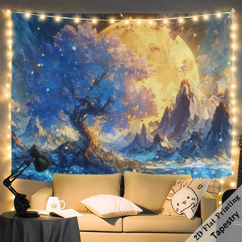 Epic Fantasy Moon Landscape Tapestry Wall Hanging Boho Aesthetic Digital Print for Living Room Bedroom Home Decor