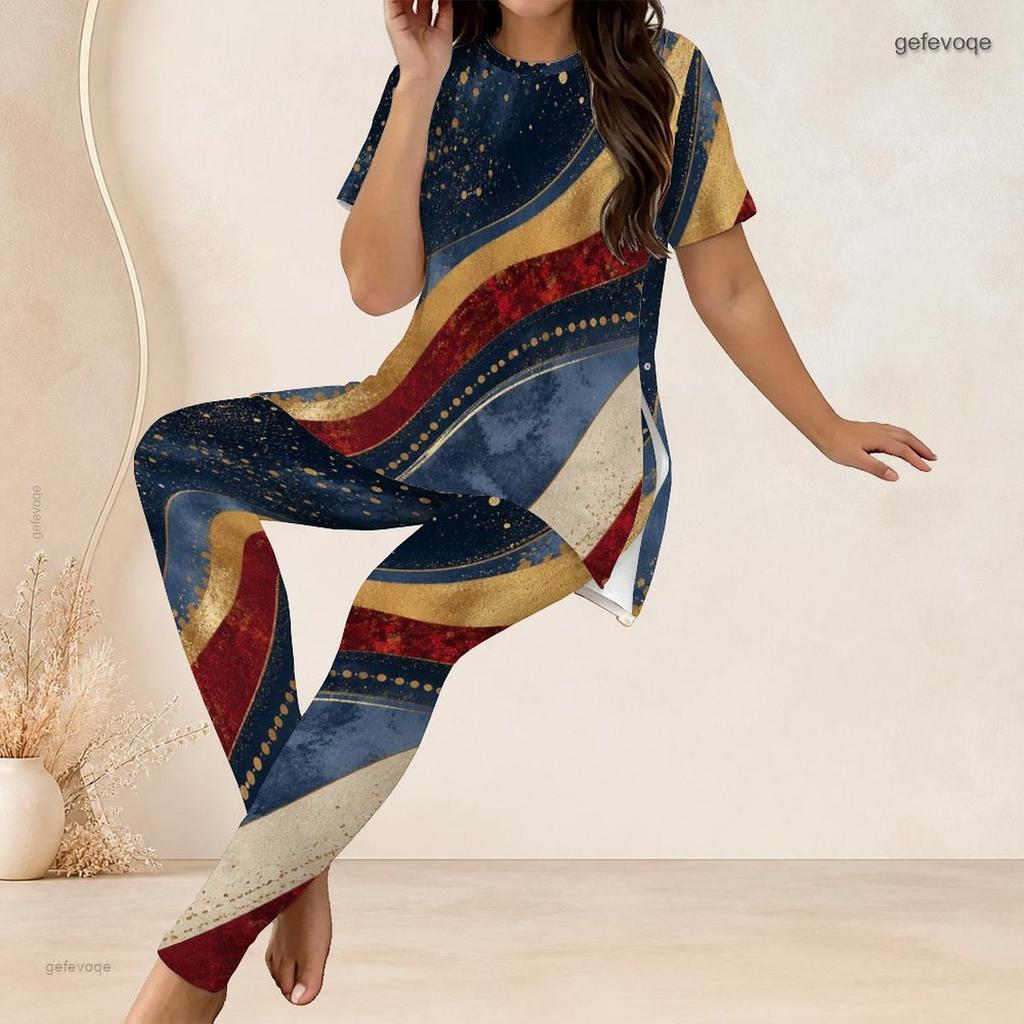 Women Plus Size Round Neck Short Sleeve Red Blue Printed Side Split Top Fitted Pants Two Piece Set