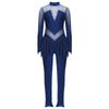 Girls Mock Neck Long Sleeve Sheer Mesh Patchwork Shiny Rhinestones Figure Skating Jumpsuit