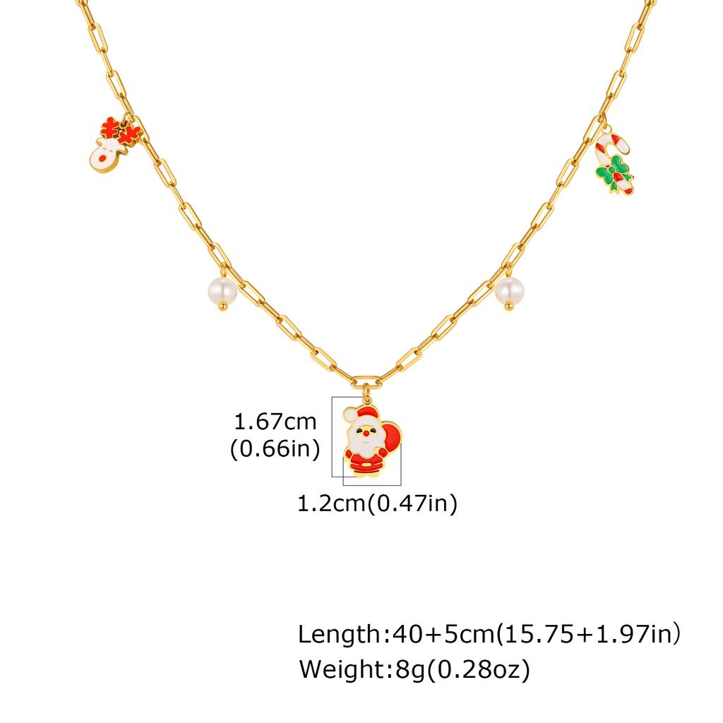Cartoon Santa Claus Christmas Tree Pendant Imitation Pearl Stainless Steel Square Chain Necklace Trendy Jewelry Gifts for Women