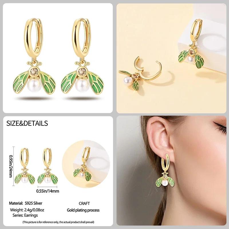 925 Silver Gold Star Moon Bee Pendant Golden Earrings for Women Sparkling Zircon Luxury Wedding Engagement Jewelry Gift