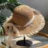 Handmade Women's Summer Hollow Straw Hat - Lace Strap Panama Bucket Hat, Foldable UV Protection, Suitable for Beach and Travel