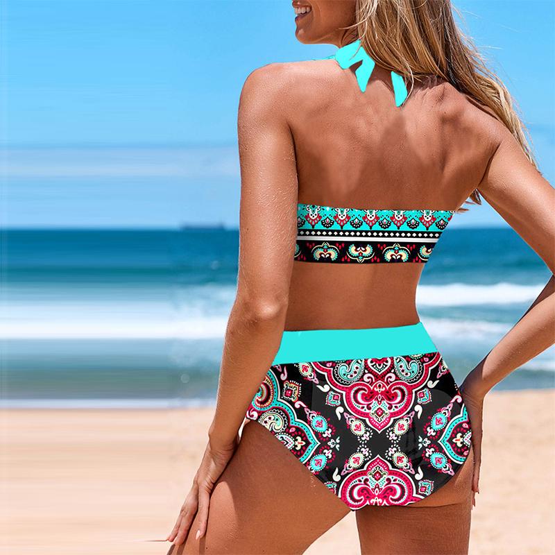 Женские купальники, бикини, купальник из 2 предметов, пляжная одежда с открытой спиной и лямкой на шее, синий купальный костюм с принтом кешью, купальник с подвесным вырезом