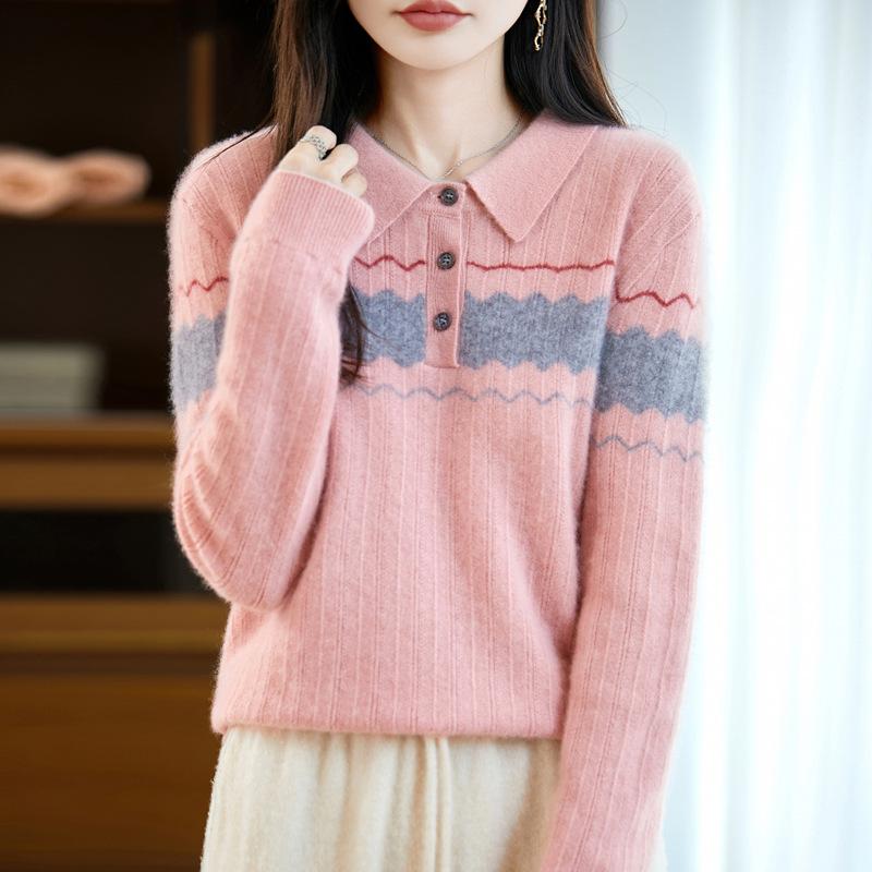 Autumn And Winter New Lapel Knitted Wool Sweater Women'S Loose Large Size Sweater Women'S Color Matching Temperament Versatile Foreign Style Sweater
