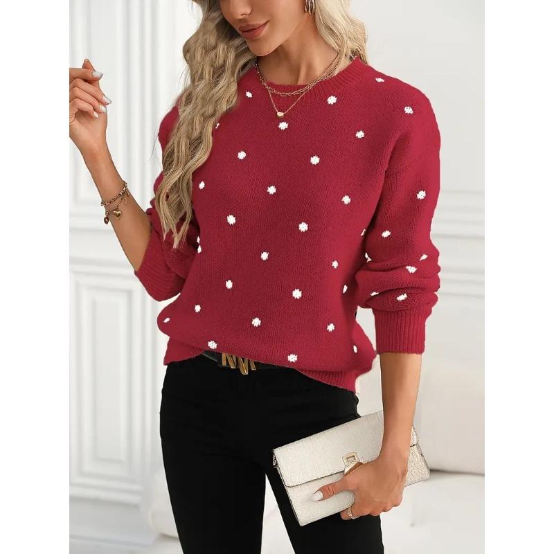 Women S Long Sleeve Crew Neck Pullover Sweater Polka Dot Jacquard Knit