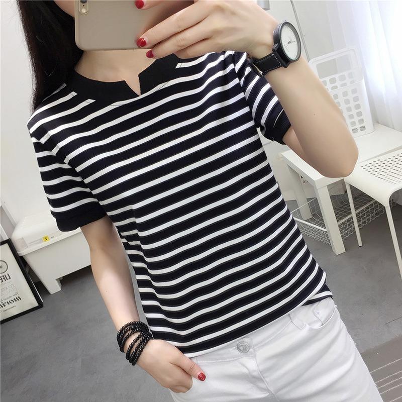 Women's Fashion Casual Summer Spring Stripe Print Short Sleeve V-Neck Blouses & Shirts