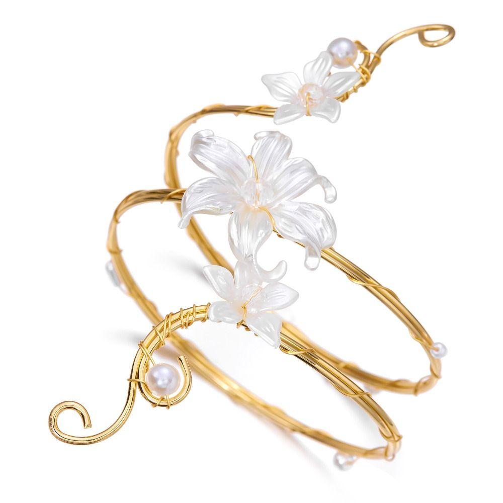 Gold Color Metal Floral Open Cuff Armlet Enamel Glaze Craft Spiral Arm Bracelet Vacation Style