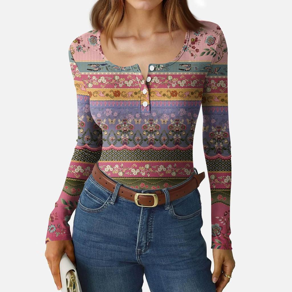 Женская приталенная футболка Модная повседневная с градиентным принтом Пуловер с круглым вырезом и длинным рукавом