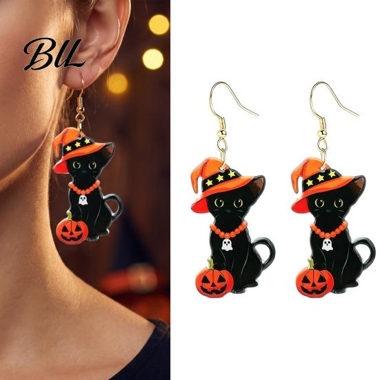 Cute Pumpkin Wizard Hat Earring 1 Pair Halloween Black Cat Acrylic Earrings for Women, Eye Catching Seasonal Ear Jewelry with And Dangle Party Costume