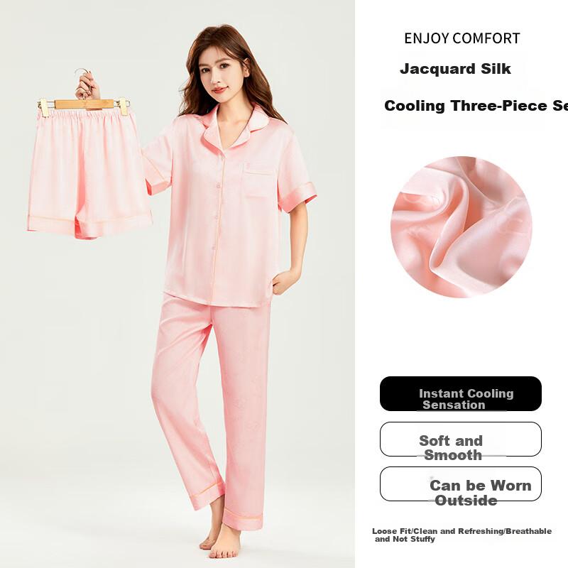 LangSha Birthday Gift for Girlfriend, Ice Silk Pajamas for Women, Summer Short-Sleeve Three-Piece Set with Chest Pads, Bear Home Wear Outfit Set