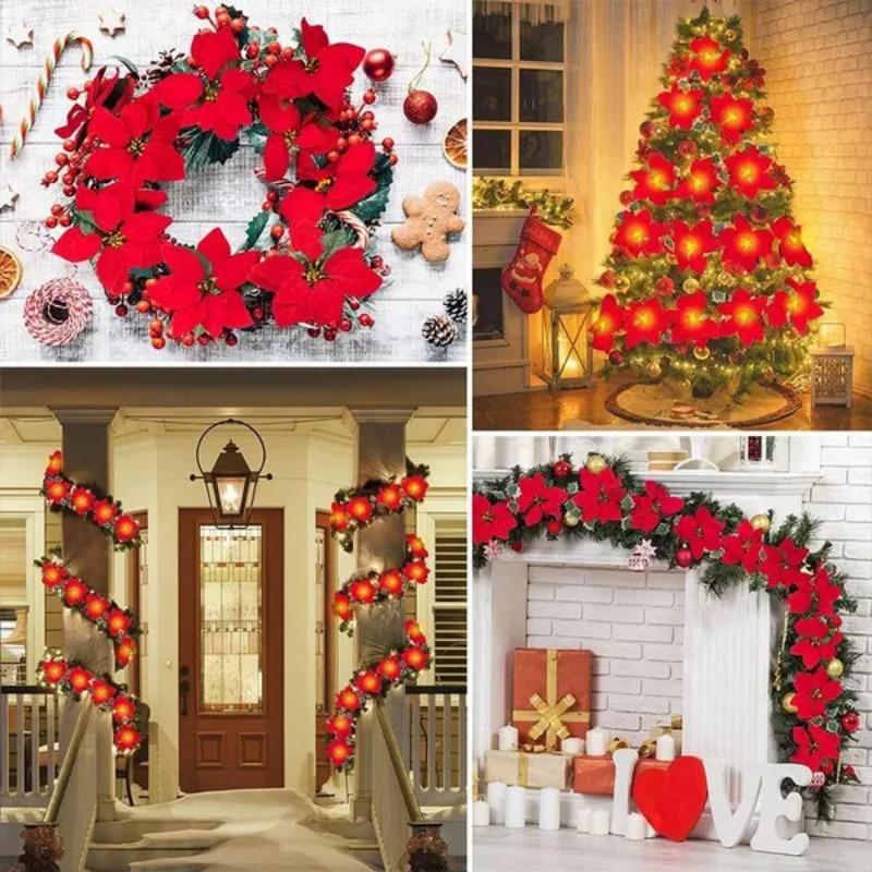 1 шт. 10/20 огней, рождественские цветы, украшения, гирлянды, гирлянды-искусственные украшения, декор для вечеринки в помещении/на открытом воздухе с красными ягодами, листьями падуба
