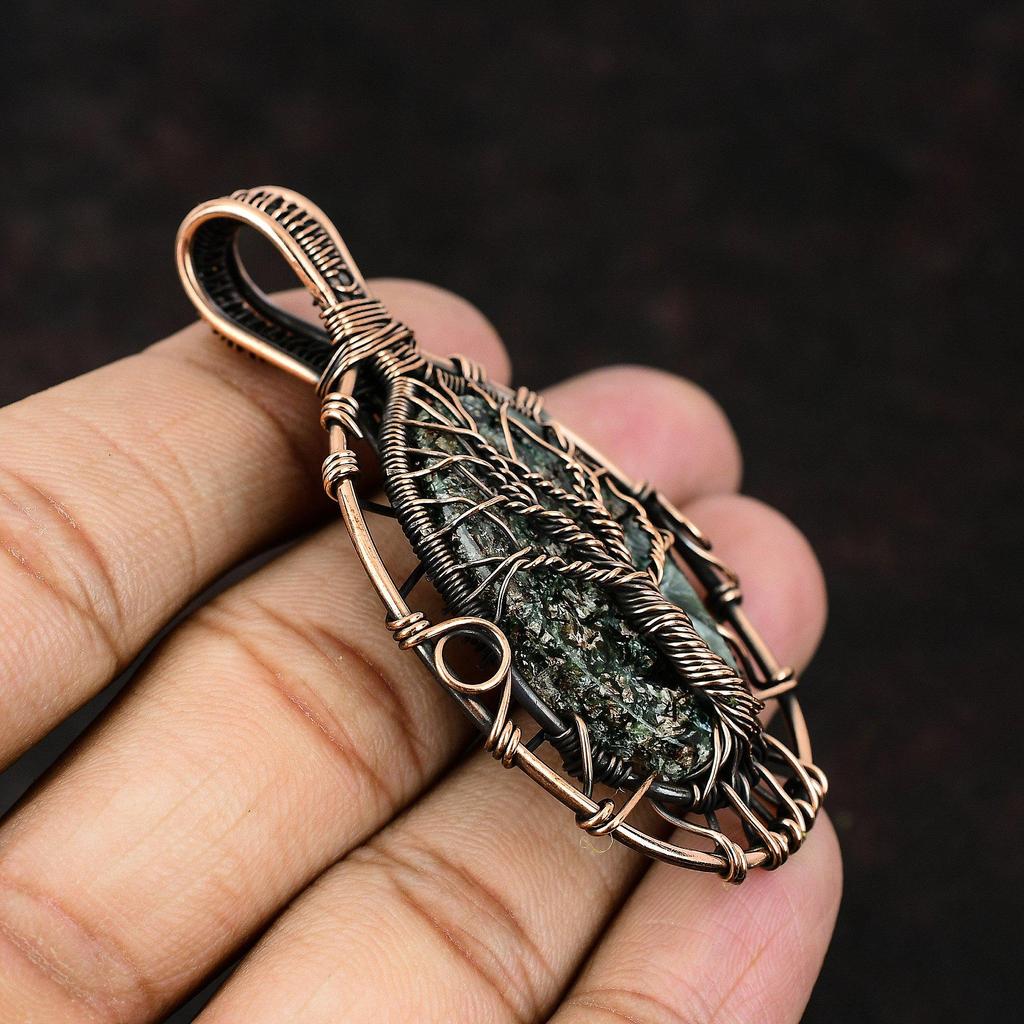 Древо Жизни Серафинит Медный Кулон Кулон, оплетенный медной проволокой Драгоценный камень Ювелирные изделия ручной работы Ювелирные изделия с серафинитом для женщин Подарок для матери