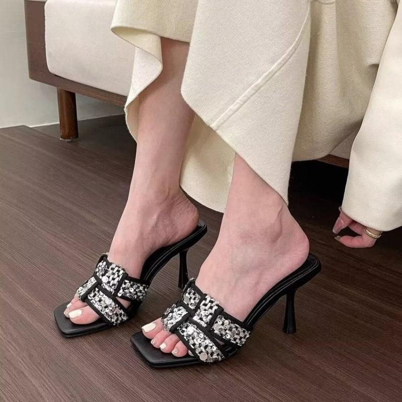 2024 Новая Мода Универсальные Женские Шлепанцы Однотонные с Блестками Открытый Носок Квадратный Носок Летние Удобные Женские Туфли Zapatos